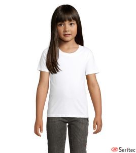 Camiseta blanca de nio de punto liso con cuello redondo personalizable