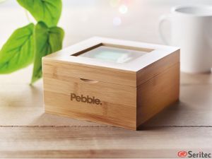 Caja de t de bamb con tapa de cristal publicitaria